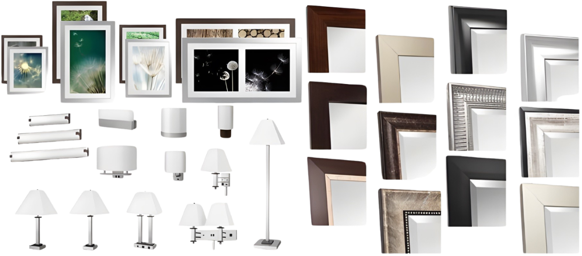 Various lighting, mirrors, and artwork in many shapes and sizes supplied by GOLDEN AGE HOUSING PRODUCTS