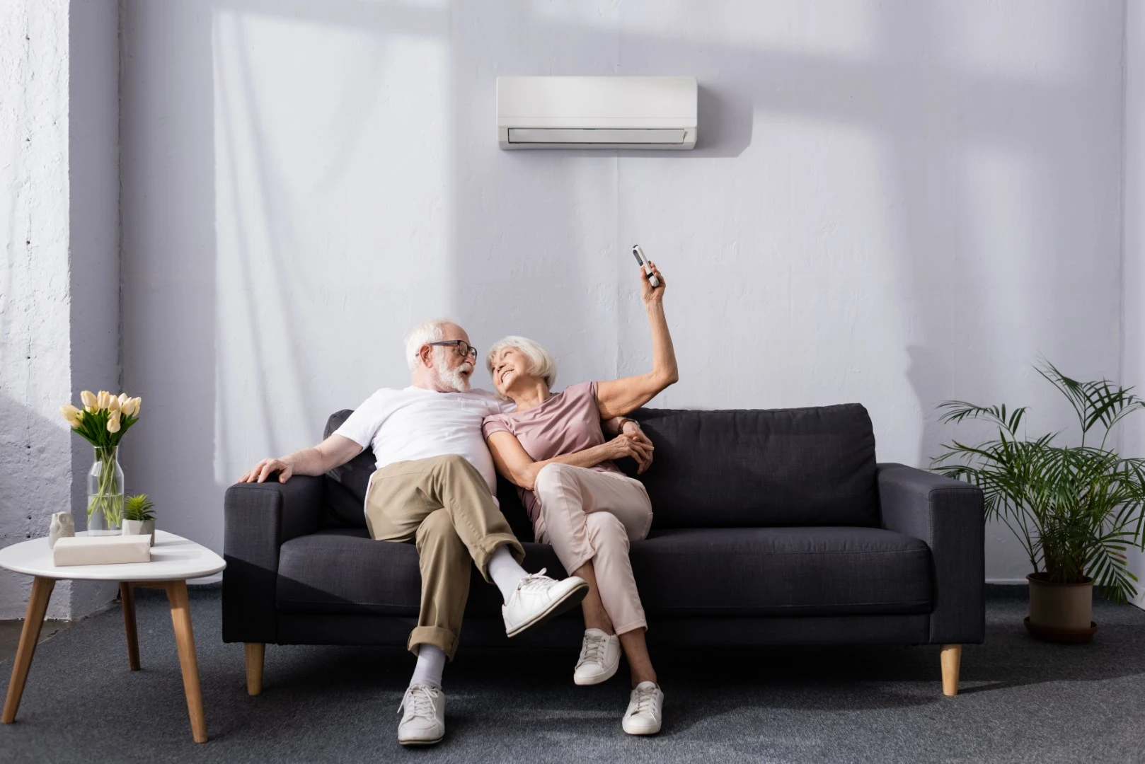 Older couple on the bed with an split a/c system  on the wall supplied by GOLDEN AGE HOUSING PRODUCTS